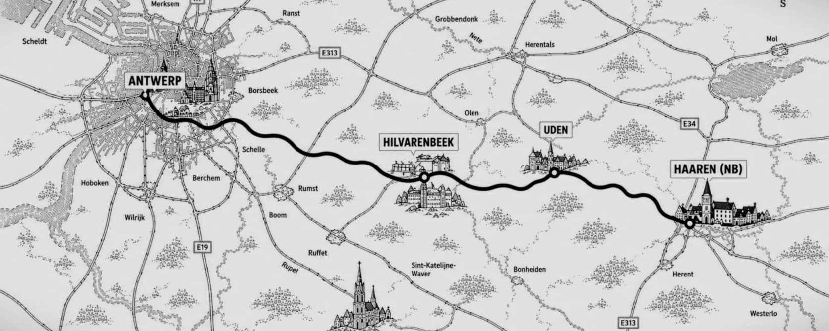 Route van De Notenman tussen Antwerpen, Hilvarenbeek, Uden en Haaren.