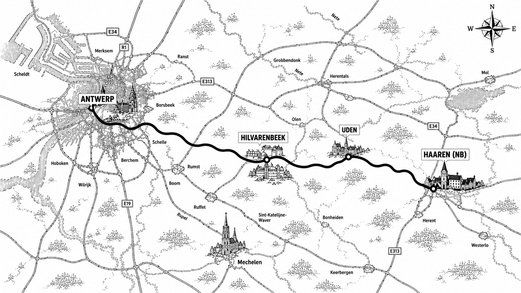 Getekende routekaart tussen Antwerpen, Hilvarenbeek, Uden en Haaren.